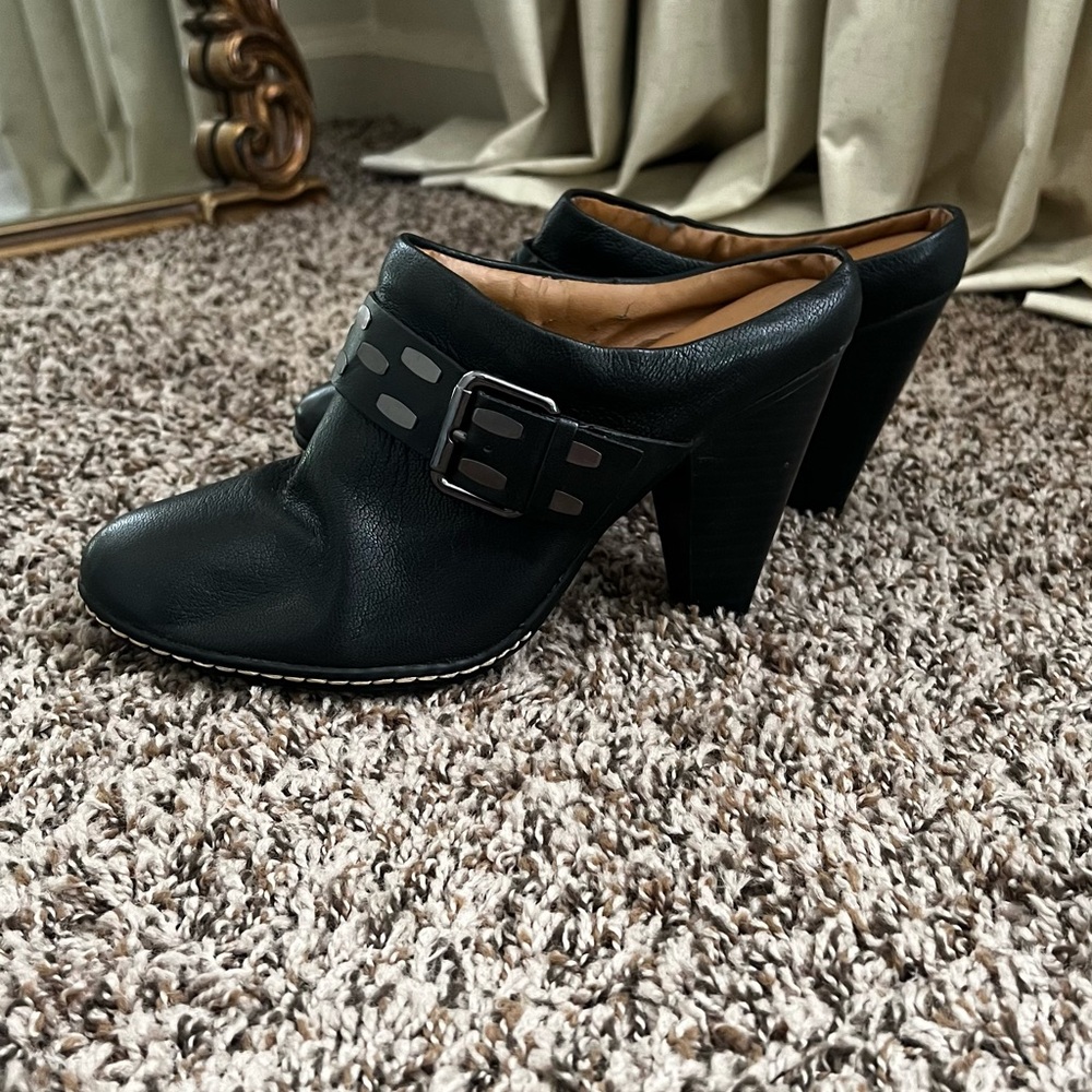 Eurosoft Black Leather Buckle Mules – 3.5" Heel